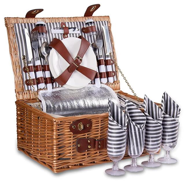 Picnic Basket for 4 Wicker Picnic Hamper Set with Insulated Liner for Camping,Wedding,Valentine Day,Gift ,Reinforced Handle, Gray