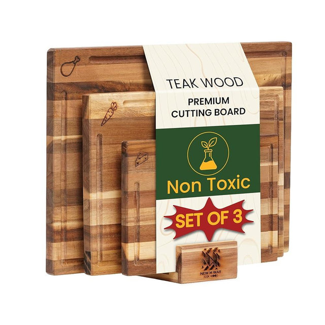Teak Wood Cutting Board Set of 3 w/Stand, Deep Juice Groove, Solid Hardwood Non-Toxic & Knife Friendly Boards, Small Medium Large Sizes for Kitchen Meat, Veggies & Cheese by New M Way
