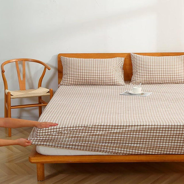 Mucalis Tan Gingham Fitted Sheet King Only Deep Pocket 16 Inch 100% Washed Cotton Beige Plaid Checkered Bottom Sheet,Soft,Breathable,Easy Care