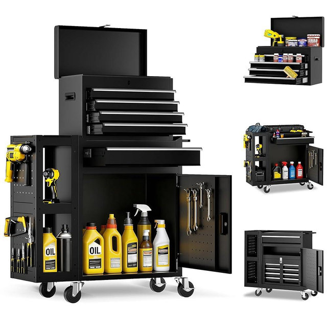 PHLEX PRO Metal Tool Chest, 5 Drawer Rolling Tool Chest with Wheels, Assembled Tool Storage Cabinet with Locking, Sliding Drawers & Detachable Top Tool Box, for Repair Room Warehouse Garage Workshop
