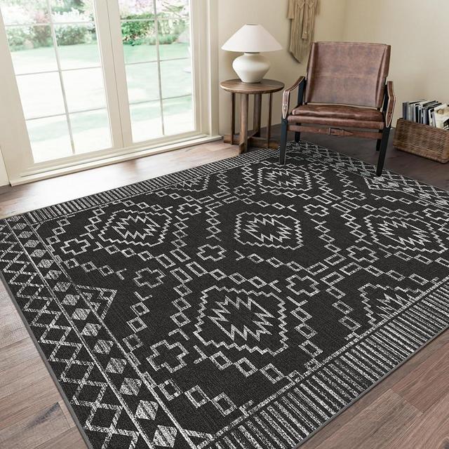 GENIMO Area Rug 5x7 Boho Chic Machine Washable Rugs for Living Room, Bohemian Moroccan Farmhouse Floor Cover, Geometric Print Thin Low Pile Carpet Mat with Non Slip Rubber Backing, Trellis Black