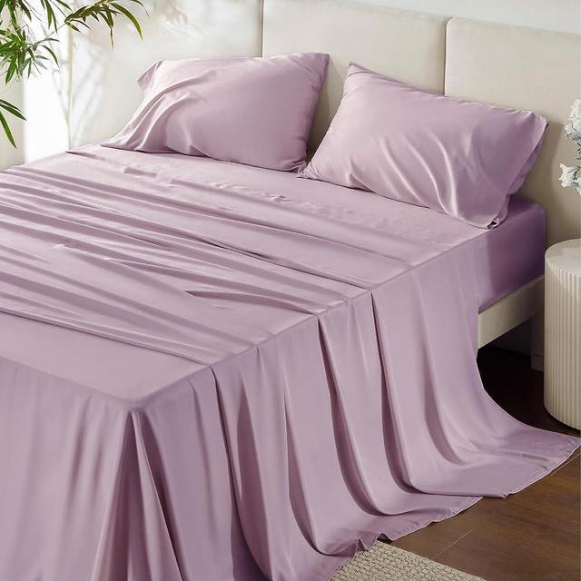 Bedsure Queen Sheets, Rayon Derived from Bamboo, Queen Cooling Sheet Set, Deep Pocket Up to 16", Breathable & Soft Bed Sheets, Hotel Luxury Silky Bedding Sheets & Pillowcases, Lavender