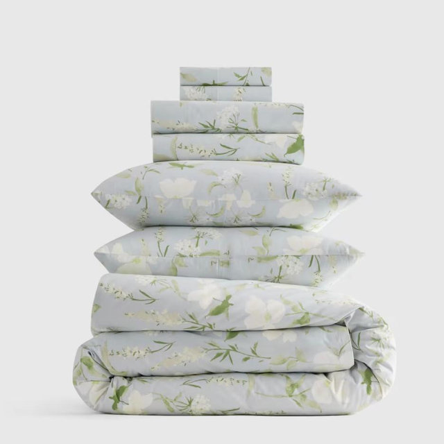 Classic Organic Percale Floral Deluxe Bedding Bundle - Blue Garden, King