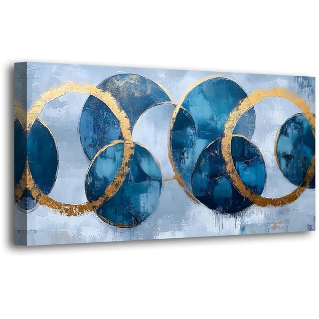 Abstract Pictures Canvas Wall Art for Living room Office Bedroom Wall Decor, Ring Wall Art Print Paintings Modern Blue Golden Abstraction Artwork Waterproof Ready to Hang-20x40inch