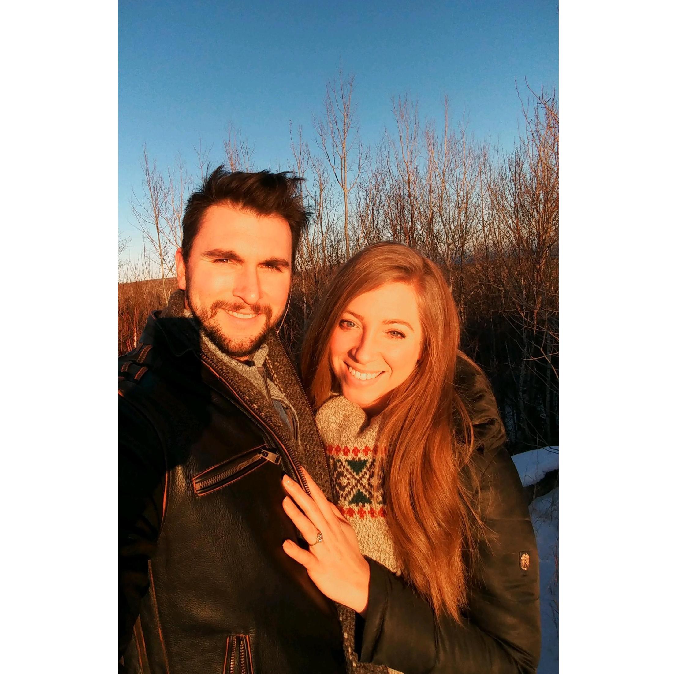 He just managed to muster the courage to pop the question before the sun went down ;) Taken on an engagement hike at the Pincushion Mountain Trails in Grand Marais, MN!
