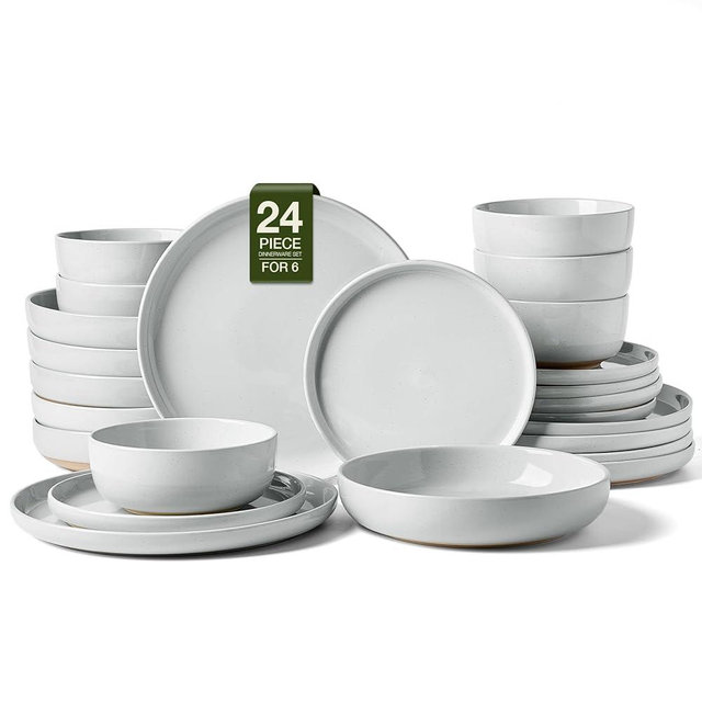 Famiware Milkyway Stoneware Dinnerware Sets with Pasta Bowls, Service for 6 (24 Pieces), Plates and Bowls Sets -Scratch Resistant, Microwave and Dishwasher Safe Dishes Set, Light Gray