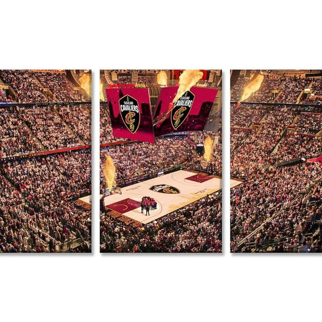 Quicken Loans Arena Poster Wall Art 3 Pieces Basketball Stadium Room Decor Canvas Printing Posters Sports Wooden Framed Artwork Picture for Bedroom Home Decorations, 72" Wx36 H