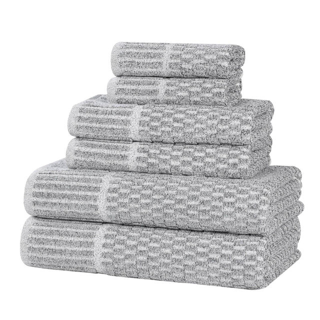 Viscose Cotton Blend Medium Weight Soft Textured Checkered Ribbed Border 6 Piece Towel Set, Charcoal - Blue Nile Mills