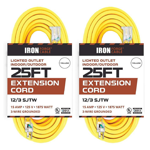 2 Pack of 25 Foot Outdoor Extension Cords - 12/3 SJTW Heavy Duty Lighted Yellow Extension Cable with 3 Prong Grounded Plug for Safety, 15 AMP - Great for Garden and Major Appliances
