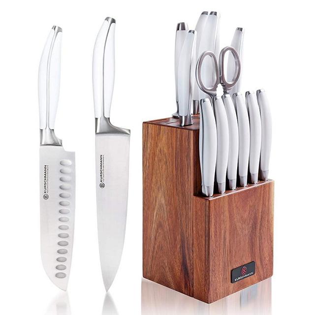 Kurschmann 15-Piece Kitchen Knife Set in Upright Acacia Block, White Handles with Stainless Steel Chef's Knife, 6 Steak Knives + Santoku, Bread, Carving, Paring, & Utility Knife + Scissors & Sharpener