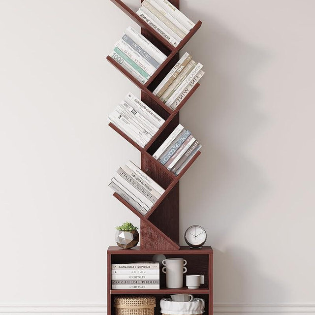SUNMORY 6 Tier Tree Bookshelf, Tall Bookcase with Storage Cabinet, Modern Narrow Bookshelves Organizer, Floor Standing Book Shelf for Bedroom/Living Room/Home Office/Corner, Cherry