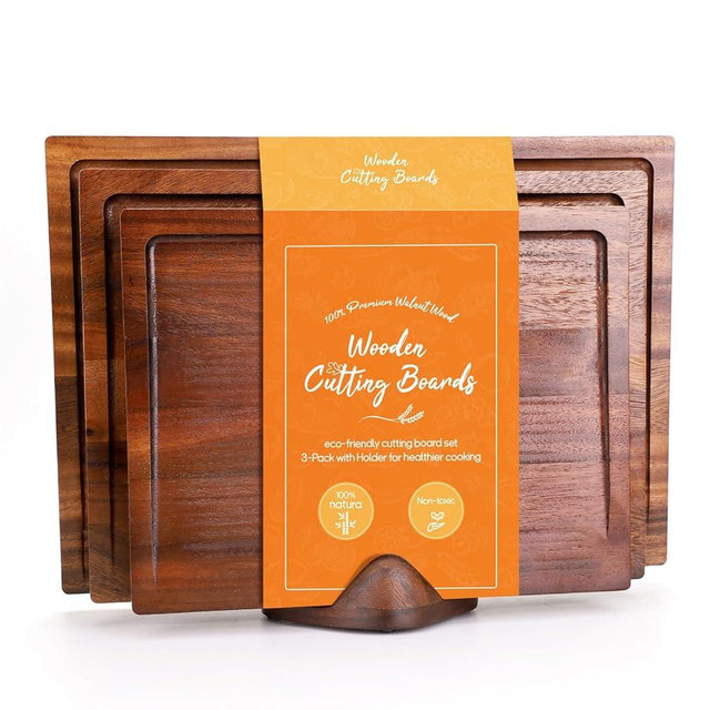 Walnut Wood Cutting Boards for Kitchen 3 Packs, Solid Wooden Cutting Board Set with Holder, Large-Small Chopping Boards with Deep Juice Grooves, Non Toxic 100% Natural, Perfect House Warming Gifts