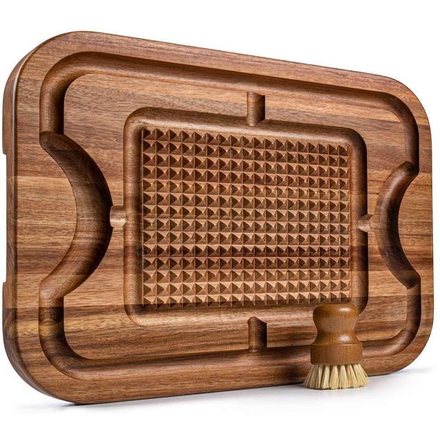 Large Acacia Wood Cutting Board | Premium Butcher Block for Carving Turkey w/ Deep Juice Grooves, Non Slip Spikes, Reversible Design for Slicing, Chopping, Serving Meat | Thanksgiving Gift | 12x16x1.5