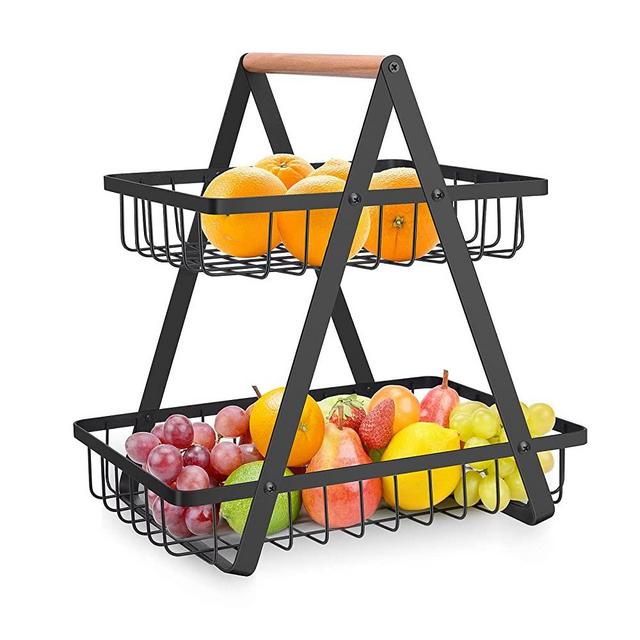 2 Tier Countertop Fruit Basket,Portable Fruit Bowle Basker for Kitchen Organizer Storage & Dining Room Fruits Vegetable BreadSnacks,MAHUEEOL Detachable Metal Rectangle Basket Storage