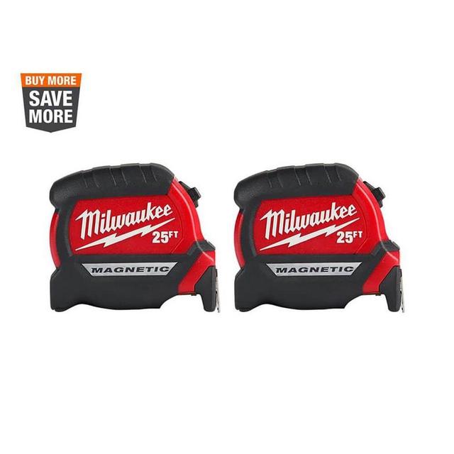 25 ft. x 1-1/16 in. Compact Magnetic Tape Measure with 15 ft. Reach (2-Pack)