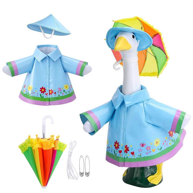 DECOHS 3 Pcs/Set Raincoat Porch Goose Outfits, Summer Lawn Goose Statue Raincoat Costume, Yard Goose Clothes Raincoats Umbrella Hat Outfit for 23" Statue Patio Garden Decoration (Blue)