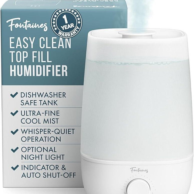 Fontaines Luxury Top-Fill Cool Mist Humidifier - 360° Ultra-Fine Spray, Whisper-Quiet Operation, Dishwasher-Safe Tank, Nightlight & Auto Shut-Off, Easy to Clean for Home, Bedroom, Baby Nursery