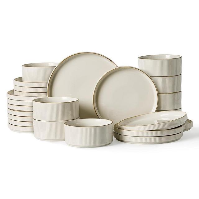 Famiware Star Dinnerware Set, Plates and Bowls Sets for 8 (24pcs), Ribbed Stoneware Dishes - Chip & Scratch Resistant, Microwave & Dishwasher Safe Tableware, Vanilla White