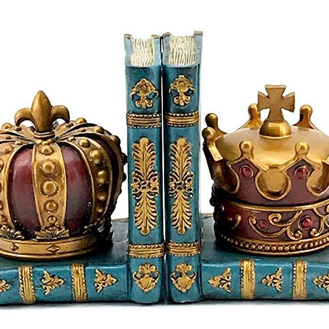 Bellaa 24254 Chess Style Decorative King Queen Golden Royal Crown 6 Inch Design Art Bookshelf Heavy Duty Bookend Set Decor Office Library Gifts