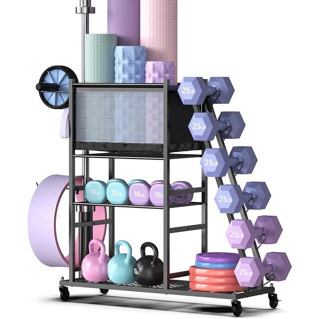 Mythinglogic Weight Rack for Dumbbells, Home Gym Storage for Yoga Mat Dumbbells Kettlebells and Strength Training Equipment, Dumbbell Rack with Wheels and Hanging Hooks