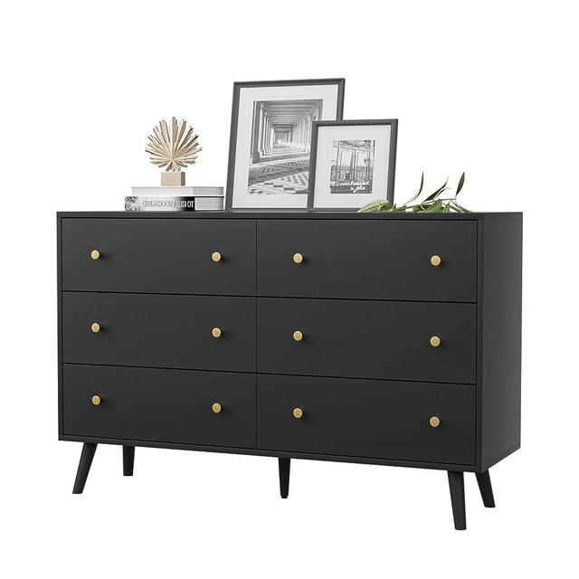 SINROM Dresser for Bedroom, Modern Black Dresser with 6 Drawers, Wide Chest of Drawers with Gold Handles