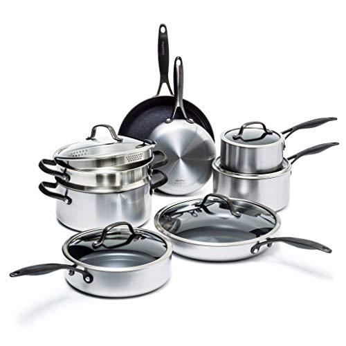 GreenPan Venice Pro 13 Piece Stainless Steel Ceramic Nonstick Cookware Set - Induction Compatible, Noir