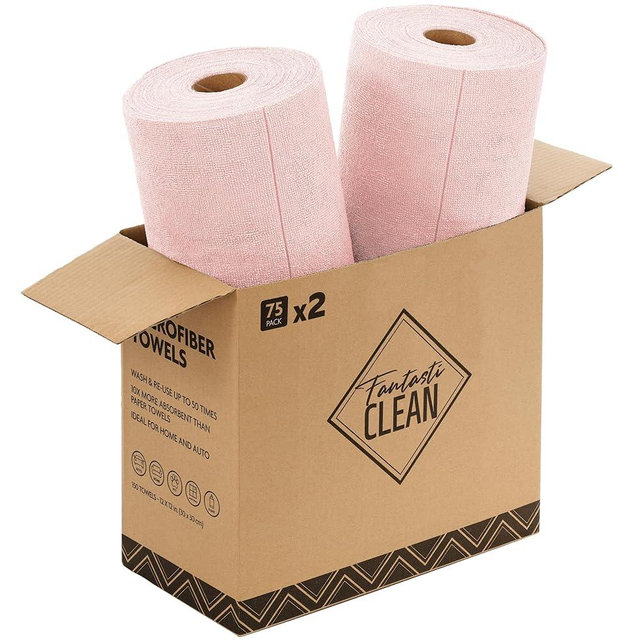 Fantasticlean Microfiber Cleaning Cloth Roll -150 Pack, Tear Away Microfiber Towels, 12" x 12", Reusable, Washable, Ultra Absorbent Dishcloth for All-Around Cleaning Supplies (2 Rolls of Pink)