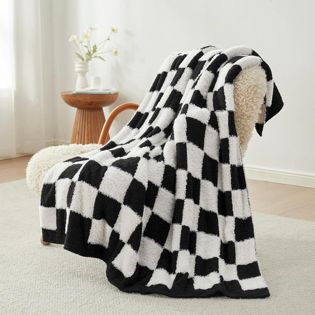 Snuggle Sac Faux Fur Throw Blanket for Couch,Black Checker Blanket Knitted with Microfiber Fancy Yarn, Cozy Soft Warm Blankets for Sofa, Bedroom, Living Room, Black Checker,50x60 inches