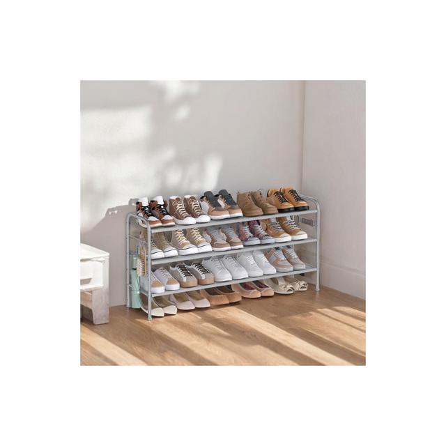 Shoe Rack, 3 Tier Shoe Organizer, Fabric Shoe Shelf Storage with 4 Hooks, Holds up to 18 Pairs of Shoes, Height-Adjustable Shoe Rack for Entryway