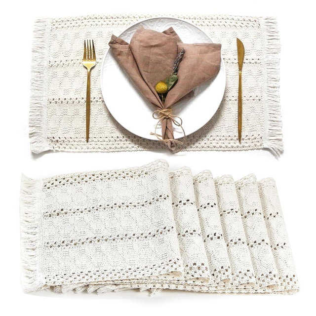 FEXIA Boho Placemats Set of 6, Macrame Table Decor and Farmhouse Style Placemats Natural Cotton Burlap, for Dining Table Kitchen