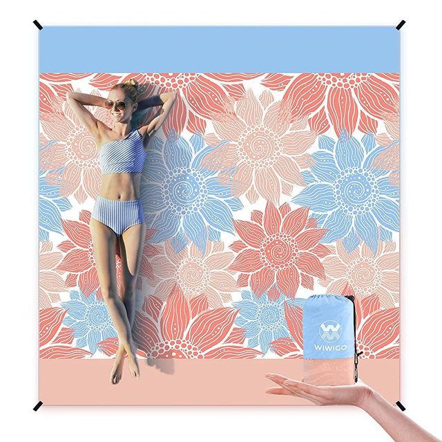 WIWIGO Beach Blanket Sandproof Extra Large Beach Mat Adults Waterproof Quick Drying Sand Free Picnic Mat Made by Premium Polyester with 4 Stakes & 4 Corner Pockets for Outdoor Travel Camping Hiking