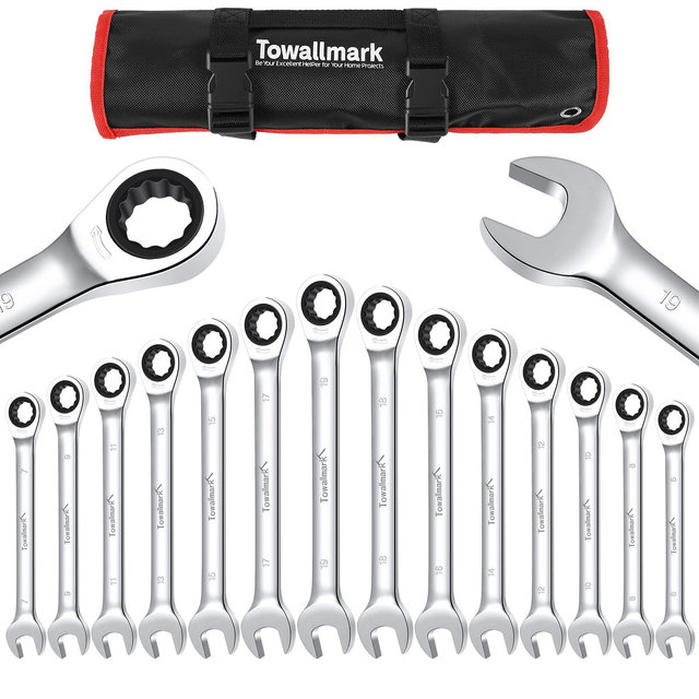 14 Pieces Ratcheting Wrench Set, Wrench Set, Metric 6-19mm, Fixed Head Ratchet Combination Wrenchs with Storage Bag for truck/garage projects, etc