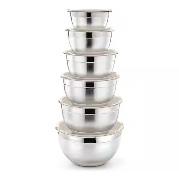 Wudkey 6 Pack Stainless Steel Nesting Mixing Bowls with Fitting Lids and Non-Slip Silicone Bottom, Khaki AO7X98_3
