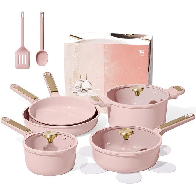 CAROTE Ceramic Cookware Set Nonstick, 14pcs Pots and Pans Set Nonstick, Non-Toxic & PFAS-Free, Dishwasher, RV/Camping Cookware Set, Cooking Pots with Lids, Pink Blush