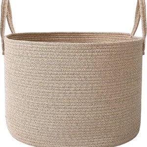65L Extra Large Blanket Basket for Living Room - Woven Cotton Rope Laundry Hamper with Reinforced Handles - Storage Bin for Pillows, Comforters & Toys - Machine Washable,Oatmeal