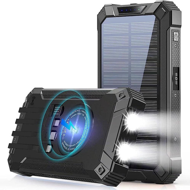 GOODaaa Power Bank Wireless Charger 36000mAh Built in 4 Cables and Dual Flashlights 15W Fast Charging Power Bank Six Outputs Three Inputs Solar Portable Charger Compatible with All Mobile Devices