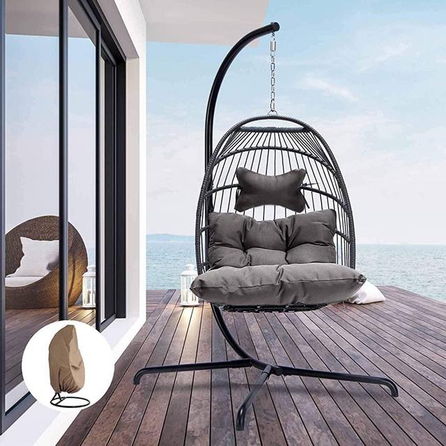 Indoor Outdoor Patio Wicker Hanging Chair Swing Hammock Egg Basket Chairs UV Resistant Cushions with Aluminum Frame 350lbs Capaticy for Patio Backyard Balcony (Dark Gray with Cover)