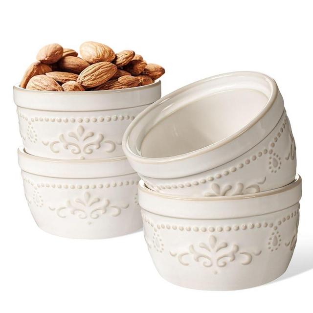 Artena Ramekins, Ramekins Oven Safe, Creme Brulee Ramekins, Embossed White Ceramic Ramiken, Souffle Pudding Custard Cups, Baking Dish, Dipping Bowls, Sauce Cups, Set Of 4 (Damask Floral, 4 oz)