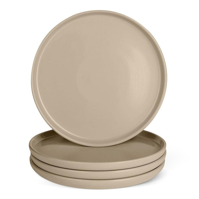 Amazon Basics Glazed Stoneware Dinner Plates, Ceramic 4-Piece Set, Microwave and Dishwasher-Safe, 10.5 in., Linen Gray