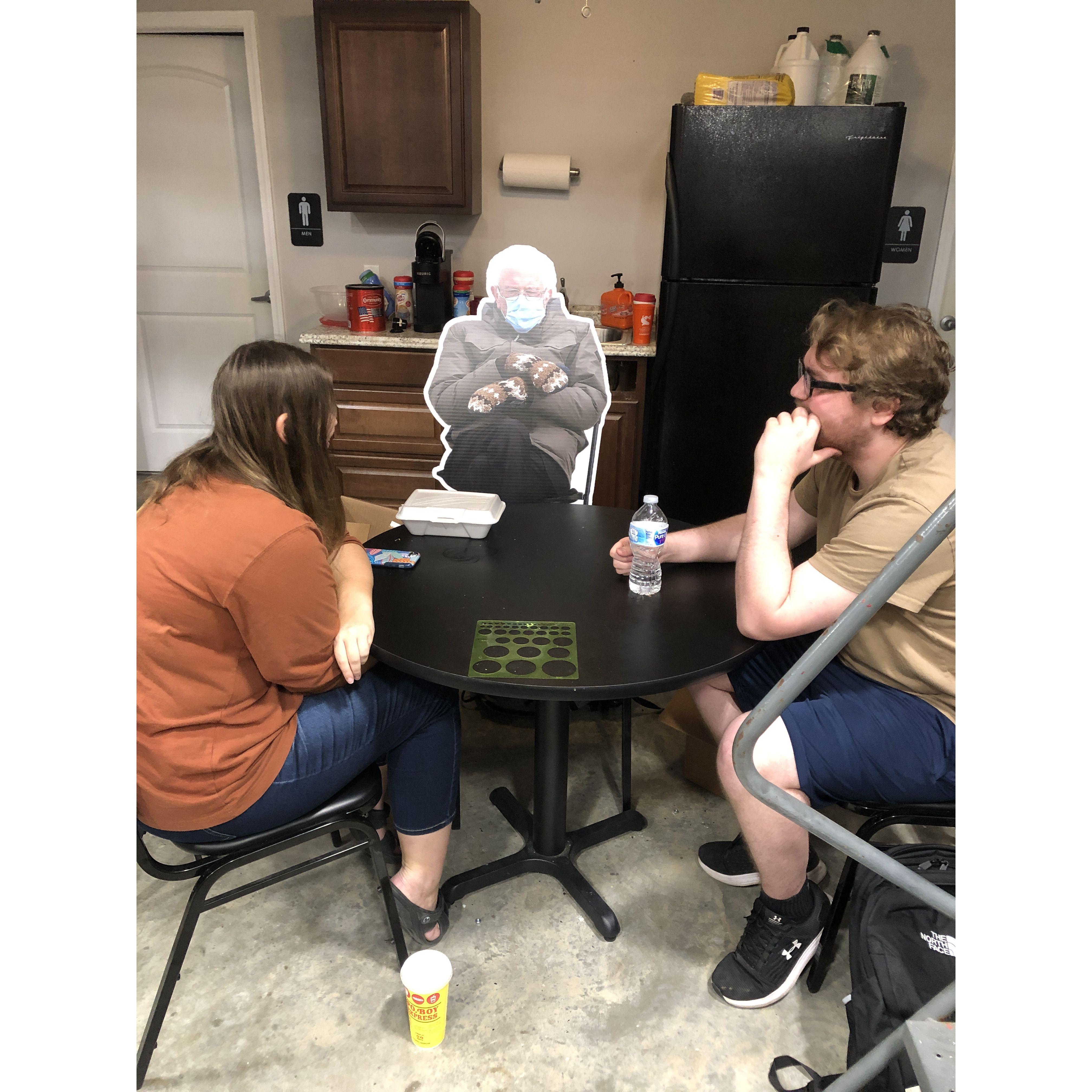 Just one of the many lunch talks that began our friendship (that started Oct 2020 on his third day of work) except this one included Bernie lol Jan 2021.