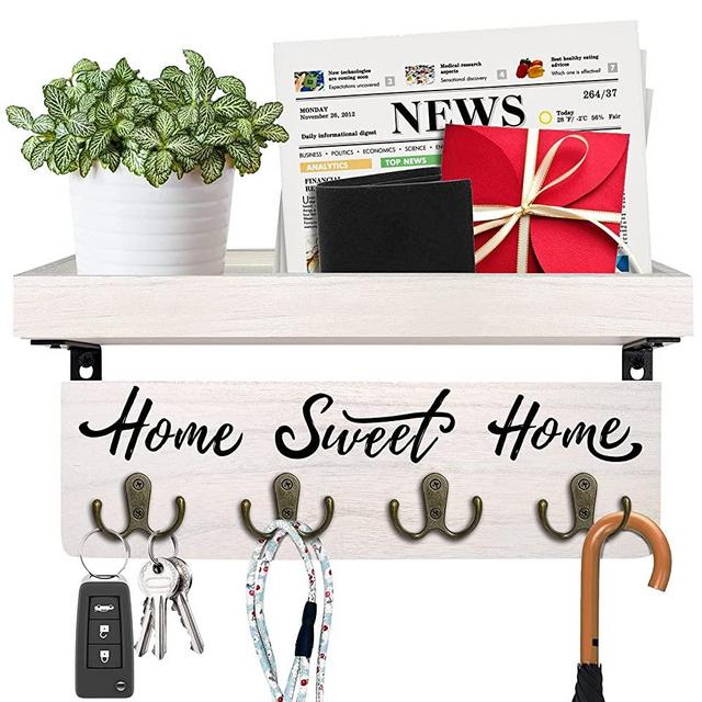 Buways Wall-Mounted Key and Mail Holder, Wooden Key Rack with 4 Double Key Hooks, Rustic Home Decor for Entryway(White)