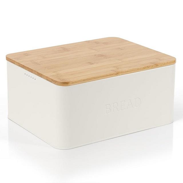 Beautiful Bread Box With Wooden Lid For Your Kitchen Countertop - Spacious Container Perfectly Stores Your Homemade Bread, English Muffins & Bagels - Quality Cutting Board Lid Keeps Your Bread Fresh