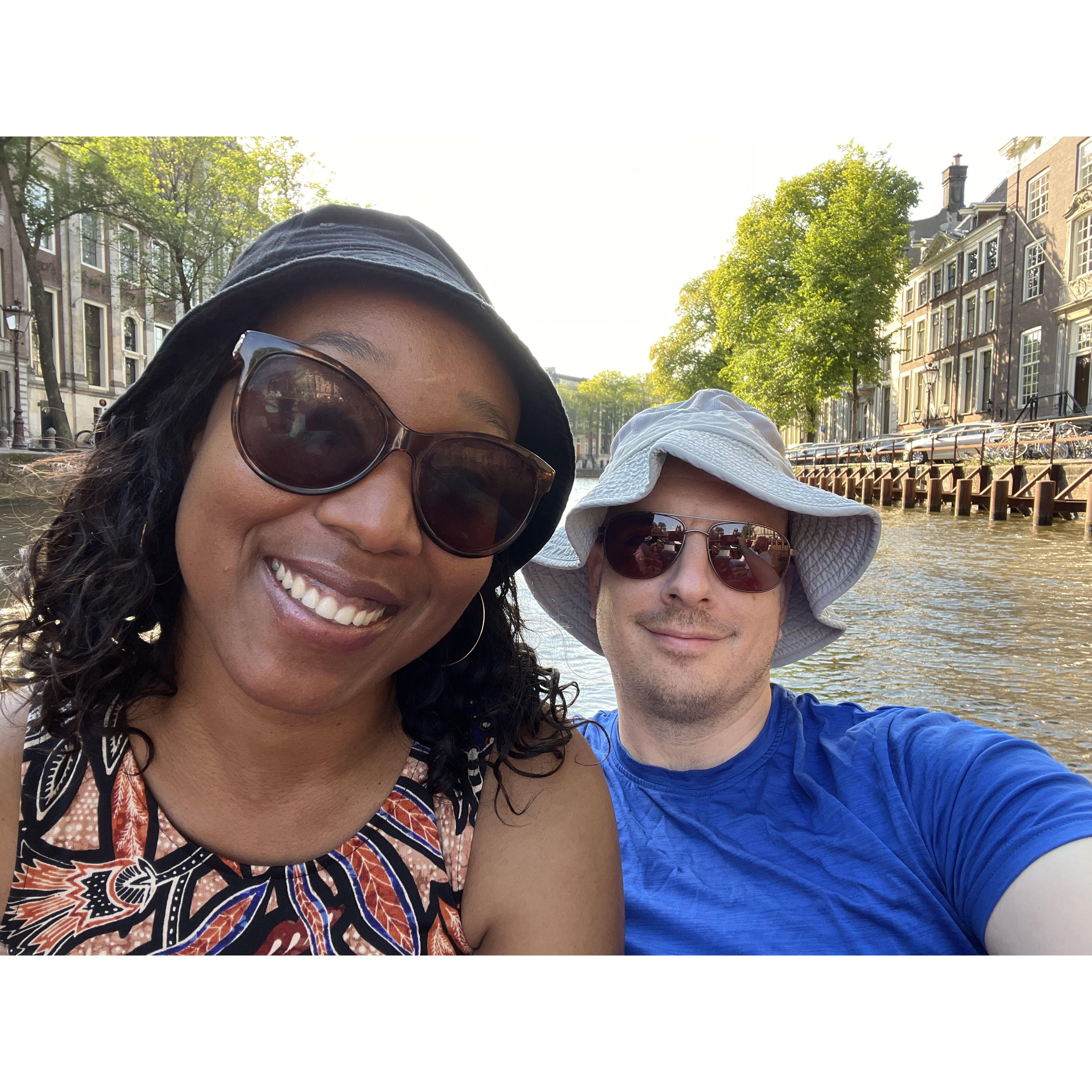 On a canal tour in Amsterdam.