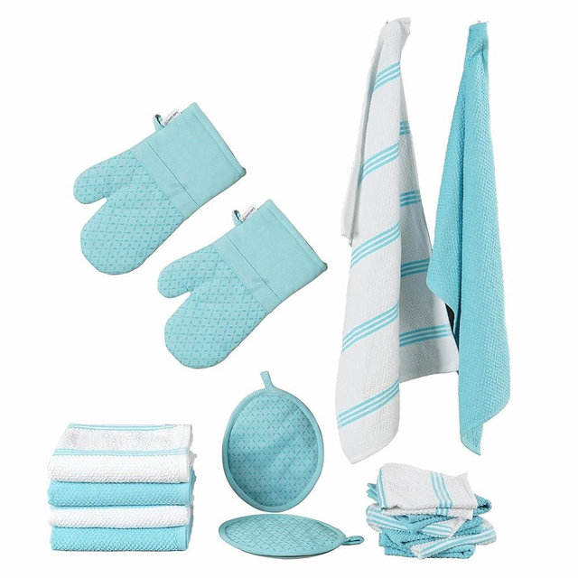 Lane Linen Kitchen Towels And Dishcloths Sets - 16Pc Kitchen Towel Set, 500 Degree Heat Resistant Oven Mitts & Pot Holder, Reusable Dish Cloths For Washing Dishes, Absorbent Kitchen Hand Towels - Aqua