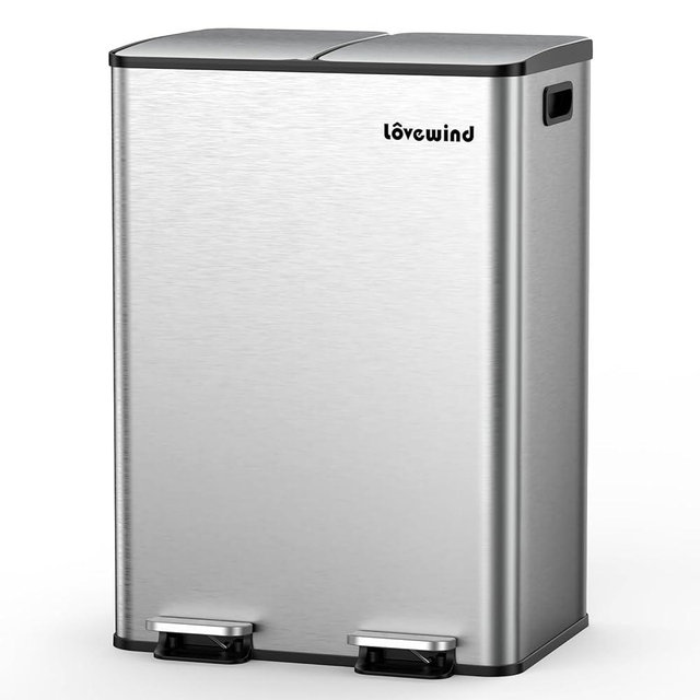 Lovewind Kitchen Trash Can, 2 x 8 Gallon (2 x 30 L) Stainless Steel Trash and Recycle Bin Combo with Soft-Close Lid, Dual Compartment Recycling Kitchen Step Trash Bin, Silver