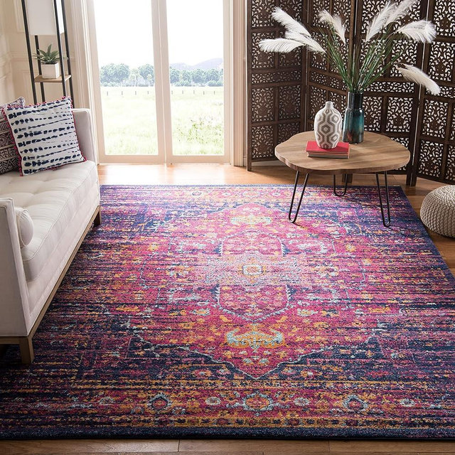 SAFAVIEH Evoke Collection 8' x 10' Blue / Fuchsia EVK275F Oriental Medallion Distressed Non-Shedding Living Room Bedroom Dining Home Office Area Rug