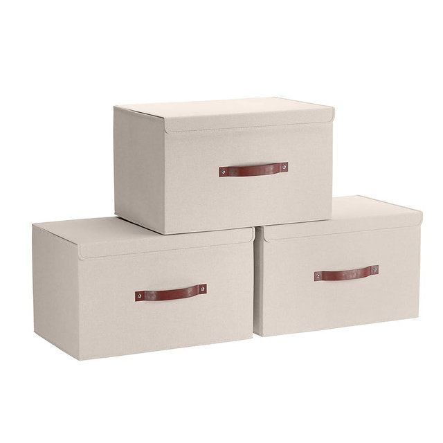Ornavo Home 3 Pack Collapsible Storage Bins with Lid, Foldable Linen Fabric Shelf Storage Basket Closet Organizer and Large Storage Box for Clothes with Leather Handles, 16.5 x 11.8 x 7.5, Beige