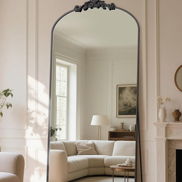 Antok Arched Full Length Mirror, 78"x38" Floor Mirror with Carved, Full Body Mirrors for HomeDecor, Standing/Halling Large Wall Mirror for Bedroom, Living Room, Cloakroom, Black, Retro Style