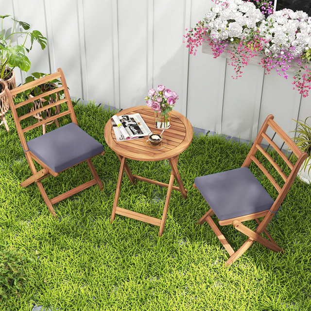 Costway 3 PCS Acacia Wood Patio Bistro Set Folding Table and Chairs Set with Cushions Gray