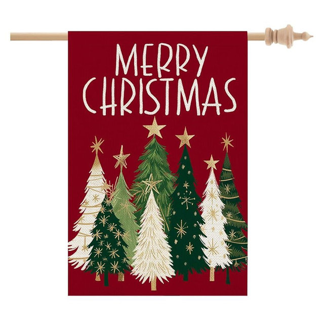 CROWNED BEAUTY Merry Christmas Trees House Flag 28x40 Inch Double Sided for Outside Large Burlap Red Holiday Yard Decoration CF1625-40